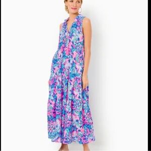 LILLY PULITZER | NWT Malone Cotton Maxi Dress - Blue Tang Sitting Seaside, Large